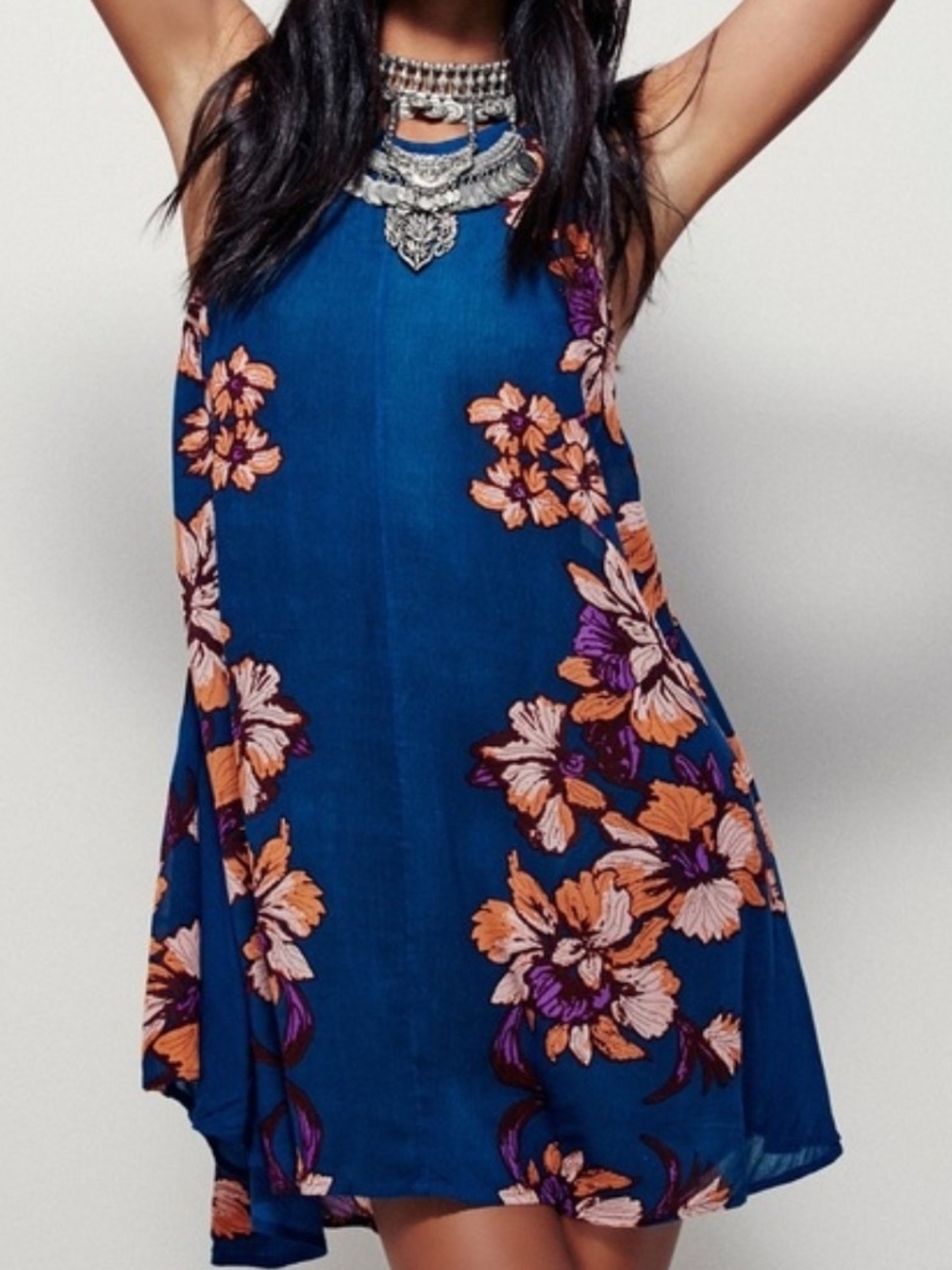 Free People Blue Dress With Orange Flowers